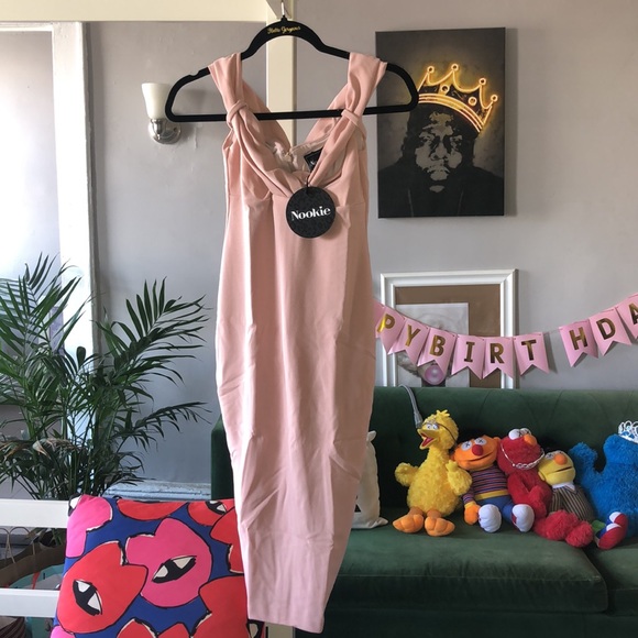 Nookie Athena off the shoulder blush halter midi dress figure hugging size S NWT - Picture 8 of 10